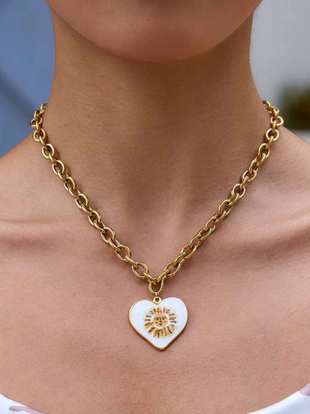Gold planted Necklace with White Heart Sun Pendant